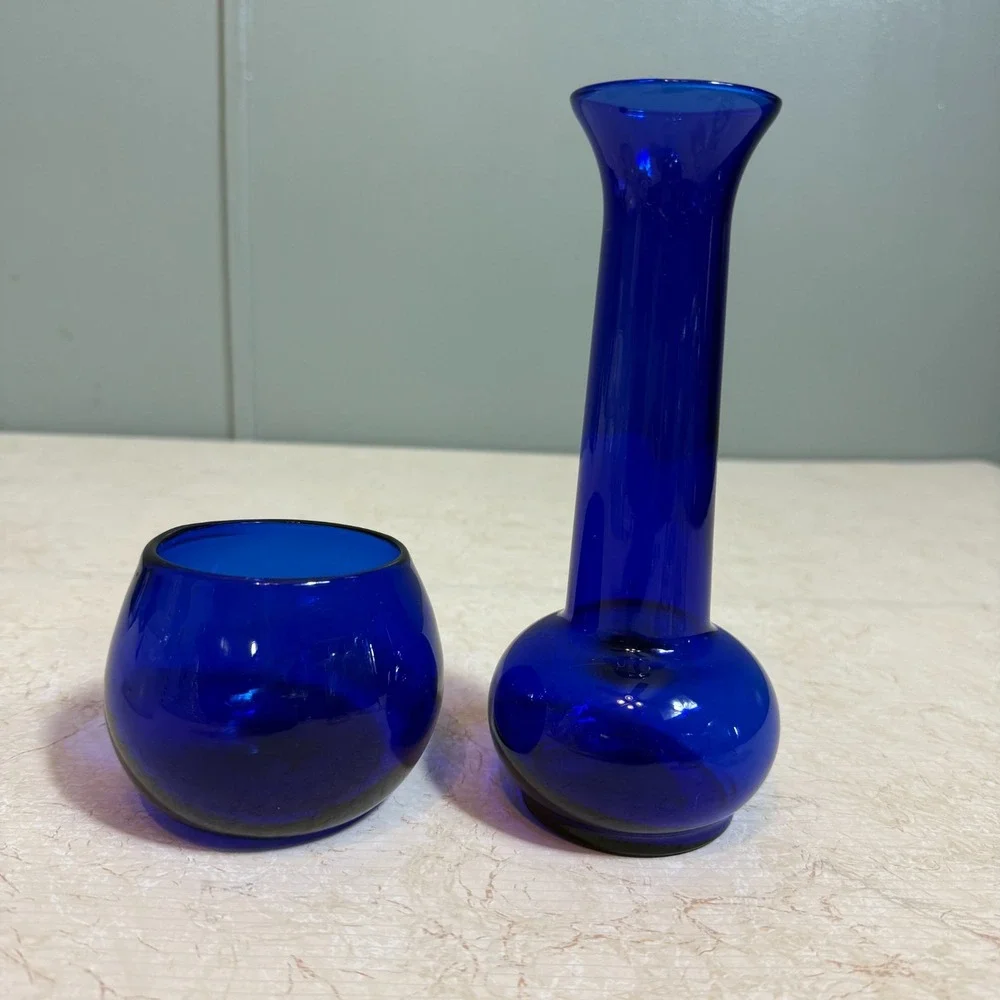Vtg Cobalt Blue Art Glass Vase‎ & Bowl Set Hand Blown Mid Century Modern Decor